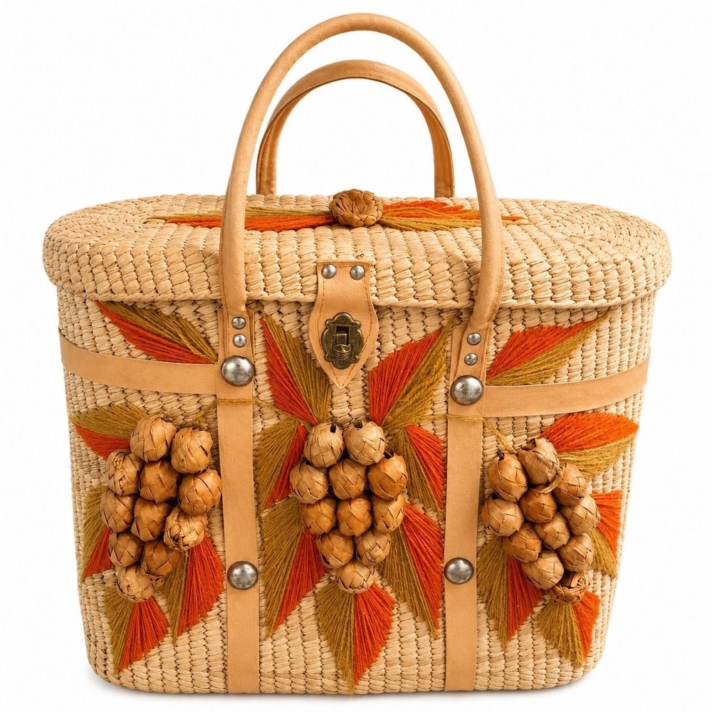 1950s Mexican Woven Straw Handbag Embroidered Basket Bag Tan Orange
